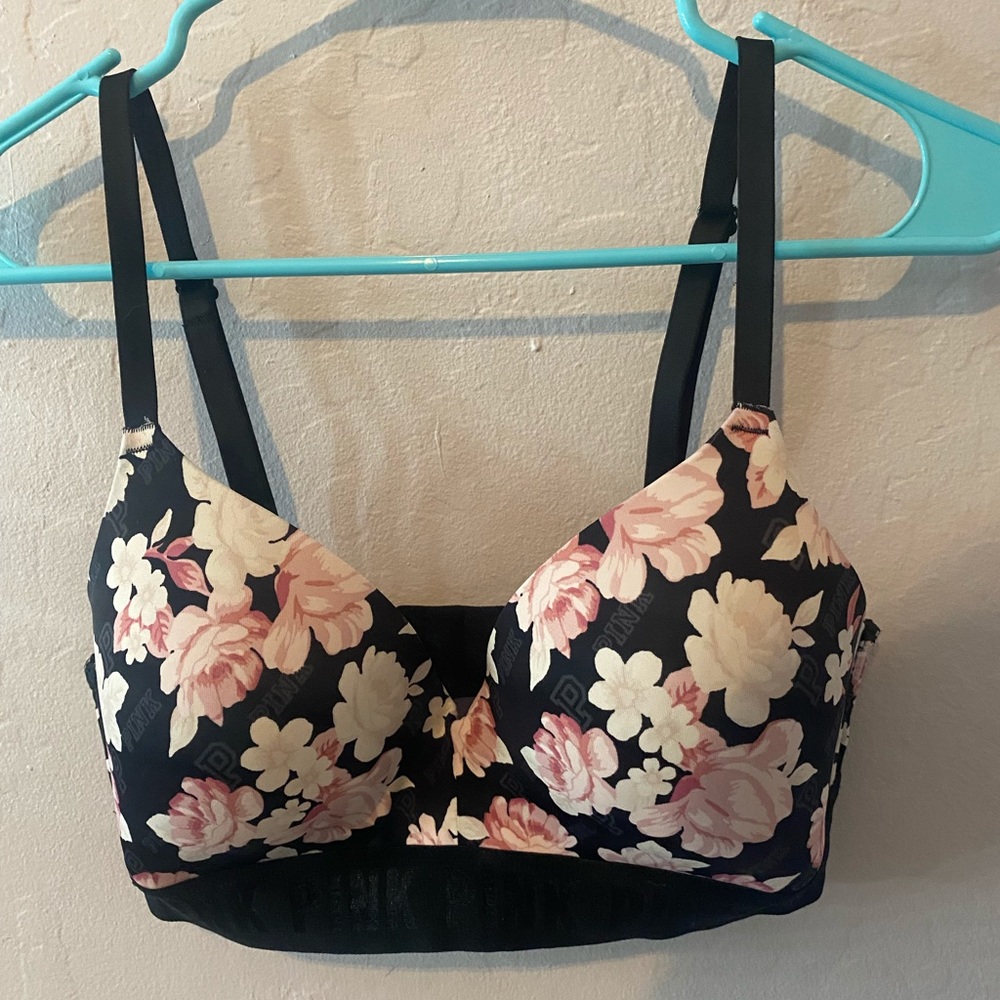 Black floral Victoria Secret Pink wireless bra
